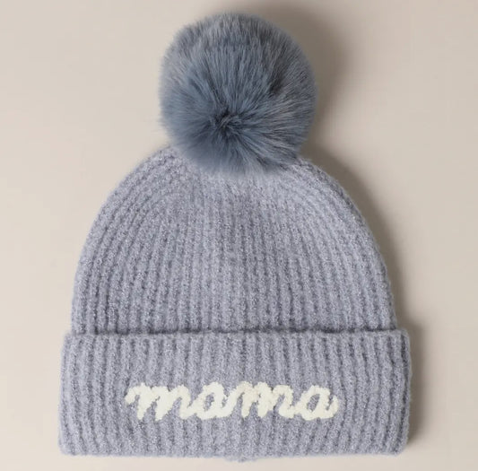 Mama Embroidered Beanie- baby blue