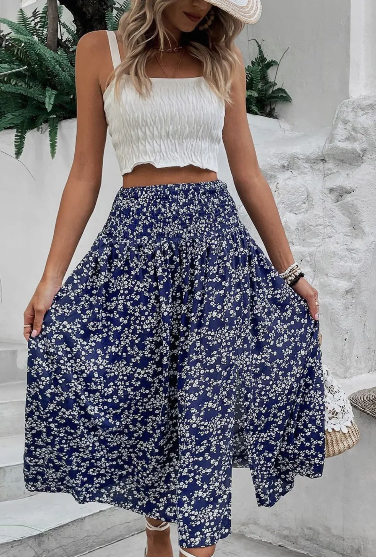 PRE ORDER Navy Smocked Floral Skirt