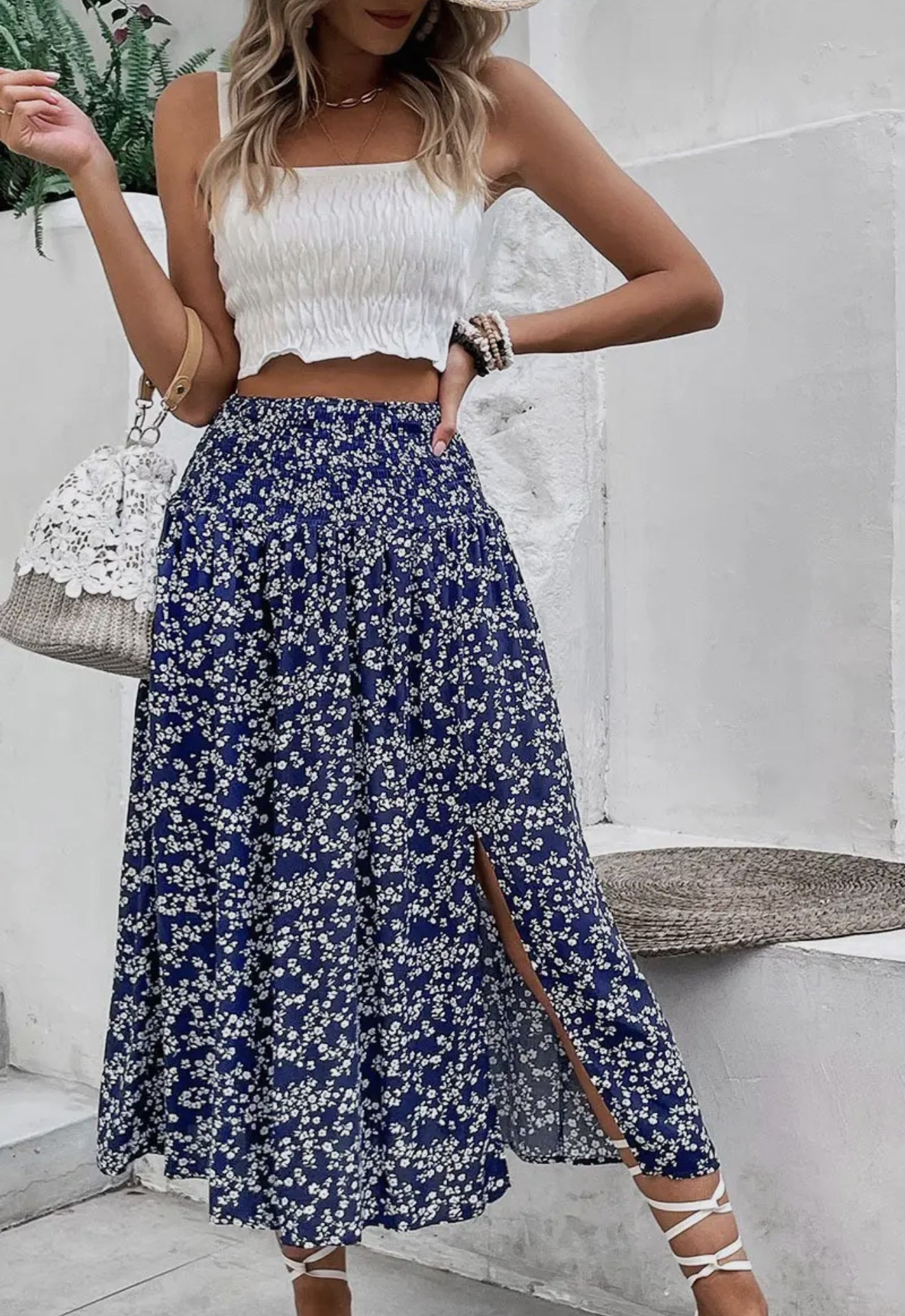 PRE ORDER Navy Smocked Floral Skirt