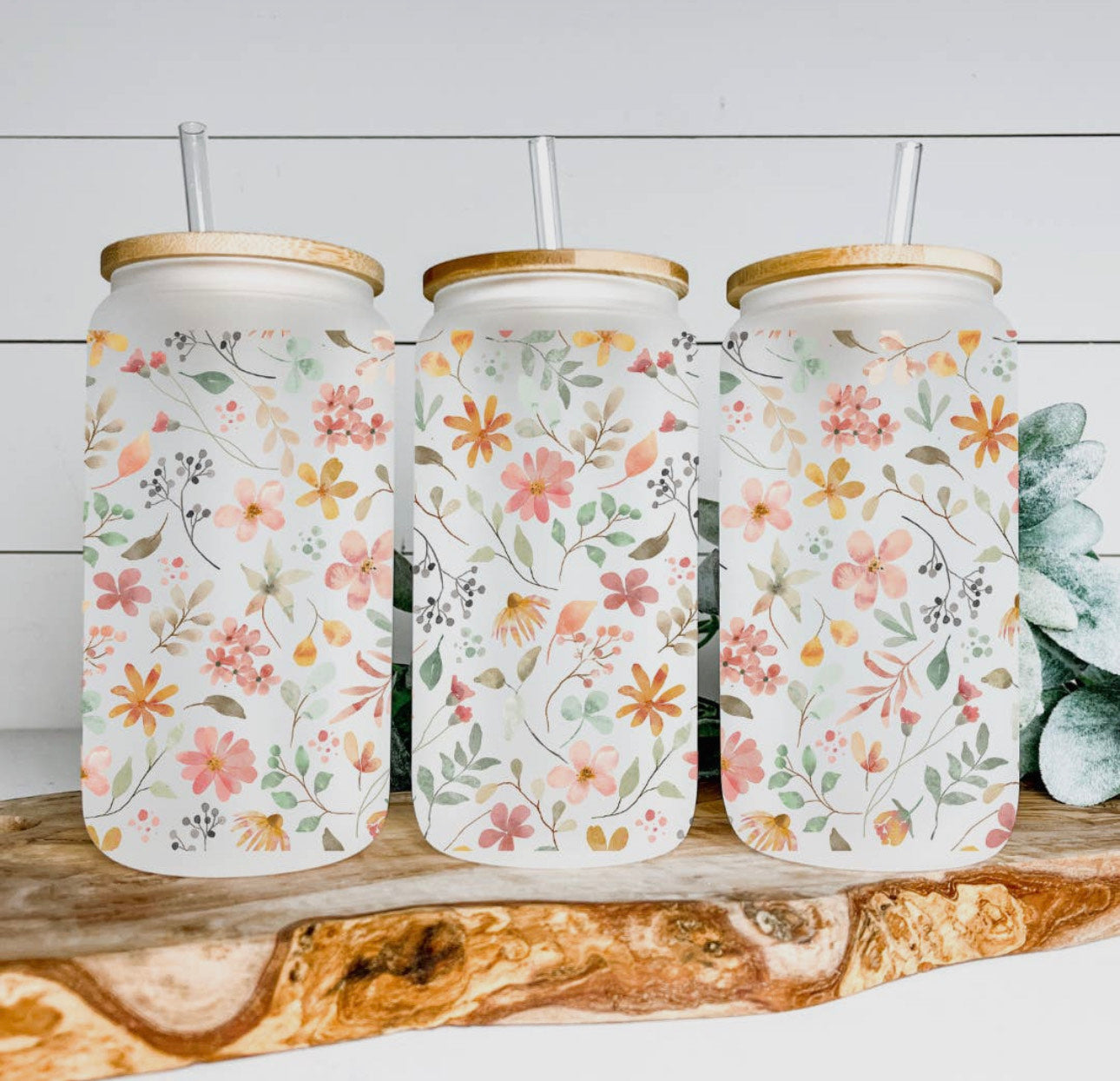 Watercolor Floral 16 oz Can Glass