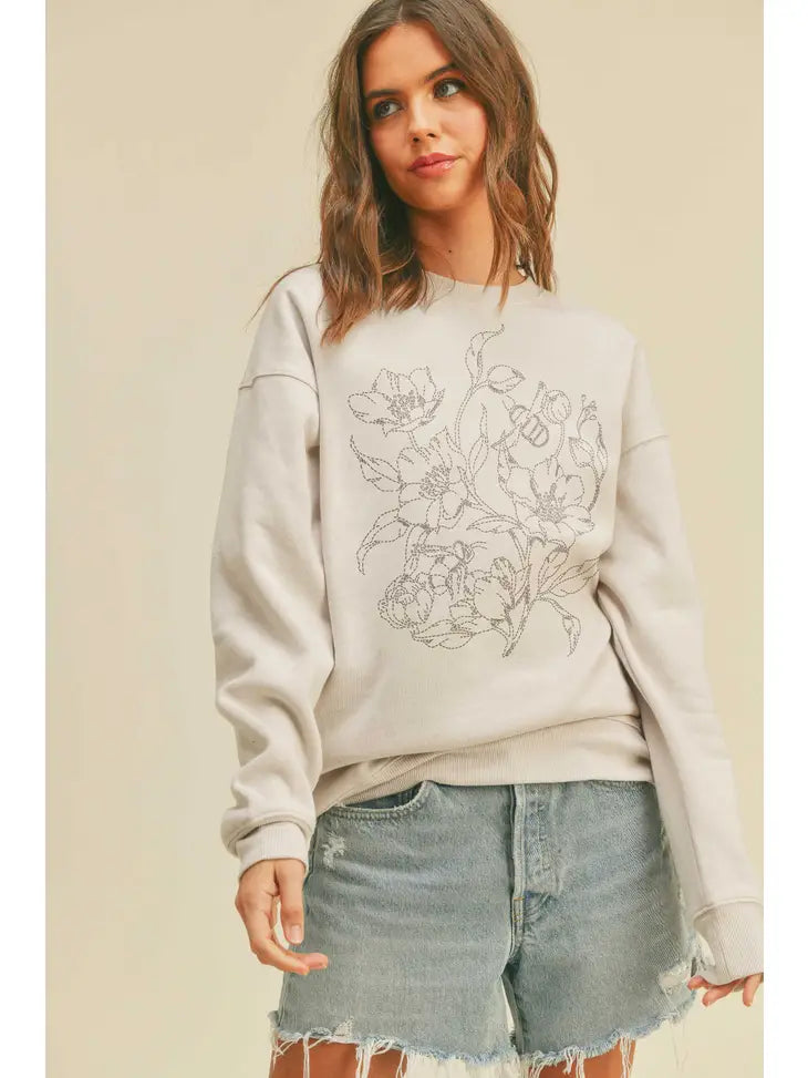 Flower Embroidered Crew Pullover
