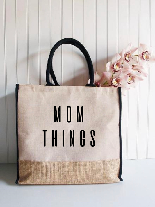 Mom Things Burlap Jute Tote